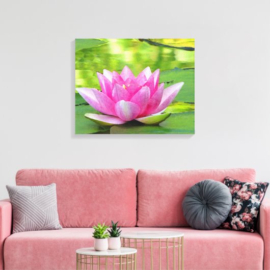 Roze Waterlelie Lotus Bloem op Groen Canvas Print (Insitu (Woonkamer))