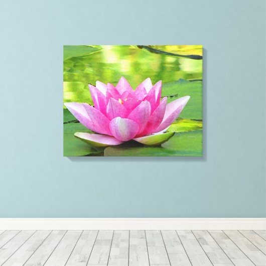 Roze Waterlelie Lotus Bloem op Groen Canvas Print (Insitu (Houten vloer))