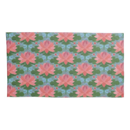 Roze waterlelies, Bleke blauwe libellen op blauw Kussensloop (Achterkant-Rechts)