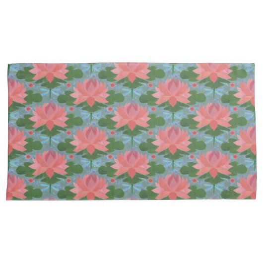 Roze waterlelies, Bleke blauwe libellen op blauw Kussensloop (Voorkant-Rechts)