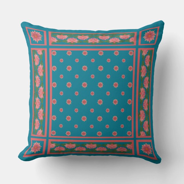 Roze waterlelies op diepblauw Pillow of Cushion Kussen (Voorkant)