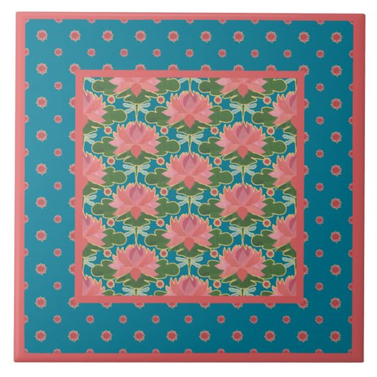 Roze waterlieren, blauwe libellen: Keramische tege Tegeltje (Voorkant)