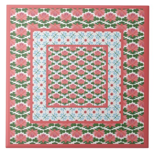 Roze waterlieren, blauwe libellen: keramische Tege Tegeltje (Voorkant)