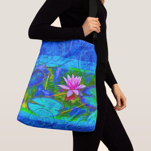 Roze waterLily in een kobalt Blue Pond Crossbody Tas (Dichtbij)