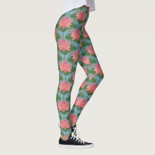 Roze waterlippen en blauwe libellen op blauw leggings