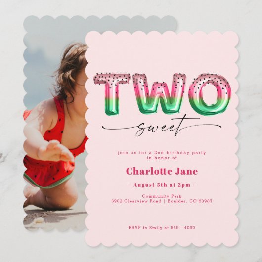 Roze watermeloen ballon 2e verjaardag uitnodiging (Voorkant / Achterkant)