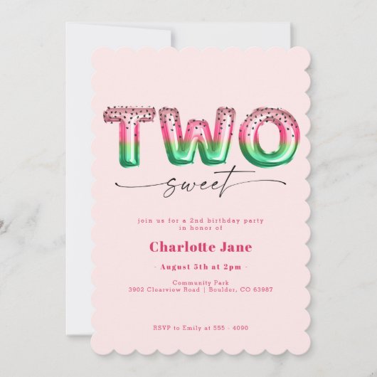 Roze watermeloen ballon 2e verjaardag uitnodiging (Voorkant)
