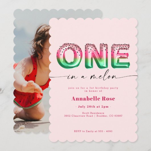 Roze watermeloen ballon eerste uitnodiging (Voorkant / Achterkant)