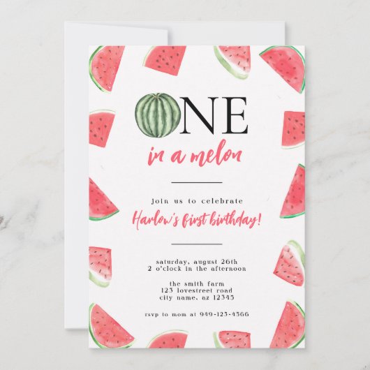 Roze Watermeloen Een in een meloen eerste verjaard Kaart (Voorkant)