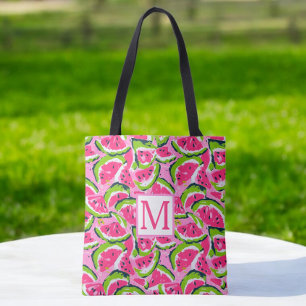 Roze Watermeloen Fruit Slices Patroon Monogram Tote Bag