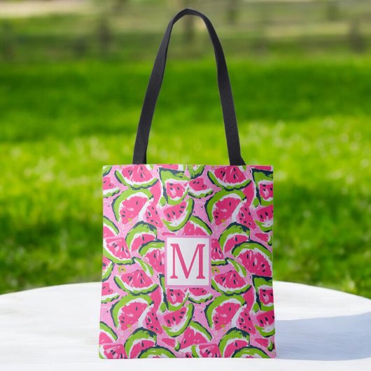 Roze Watermeloen Fruit Slices Patroon Monogram Tote Bag