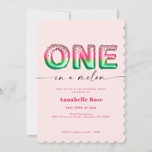 Roze Watermeloen Meisje Eerste Verjaardag uitnodig Kaart (Voorkant)