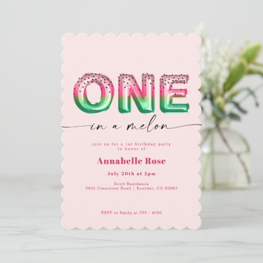 Roze Watermeloen Meisje Eerste Verjaardag uitnodig Kaart (Staand voorkant)