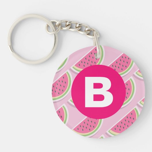 Roze Watermeloen Patroon Cirkel Monogram Sleutelhanger (Voorkant)