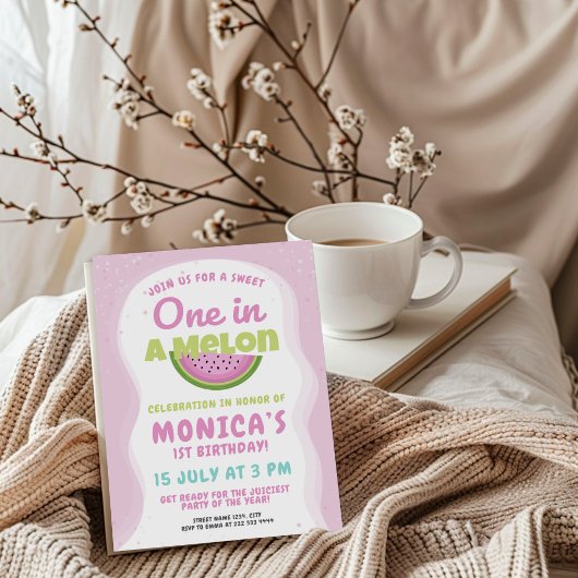 Roze Watermeloen Thema Kinder 1e Verjaardagsfeest Kaart