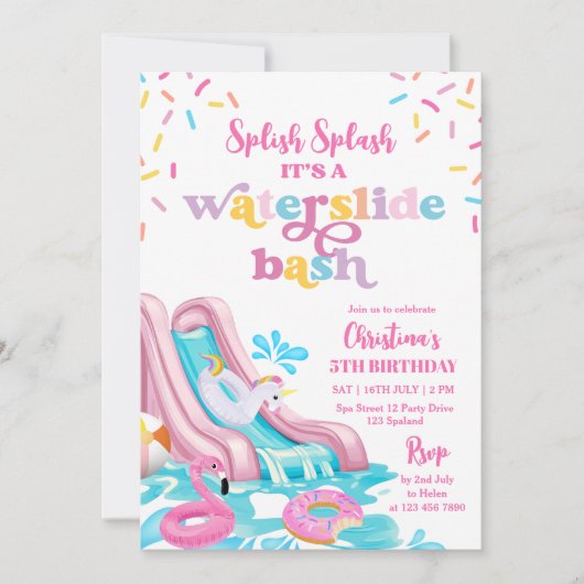Roze Waterslide Pool Party Verjaardag Uitnodiging (Voorkant)