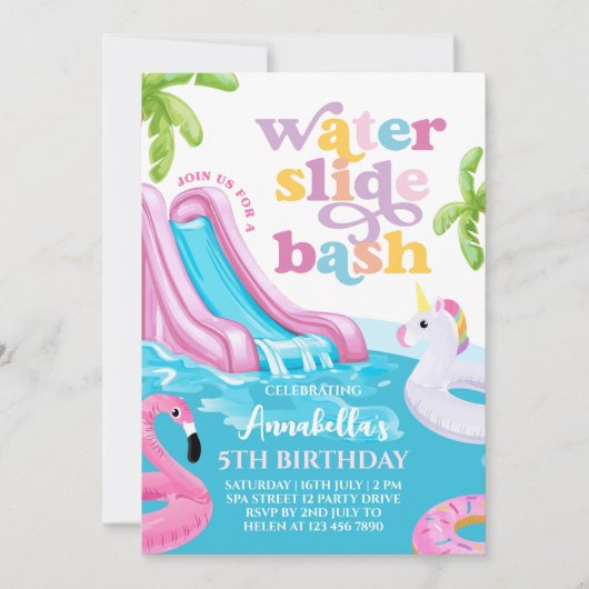 Roze Waterslide Pool Party Verjaardag Uitnodiging (Voorkant)