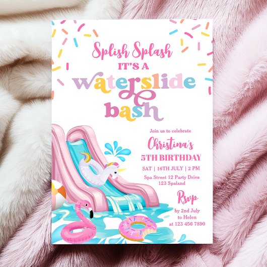 Roze Waterslide Pool Party Verjaardag Uitnodiging