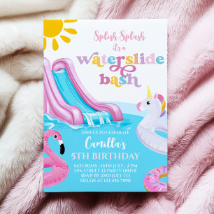 Roze Waterslide Pool Party Verjaardag Uitnodiging