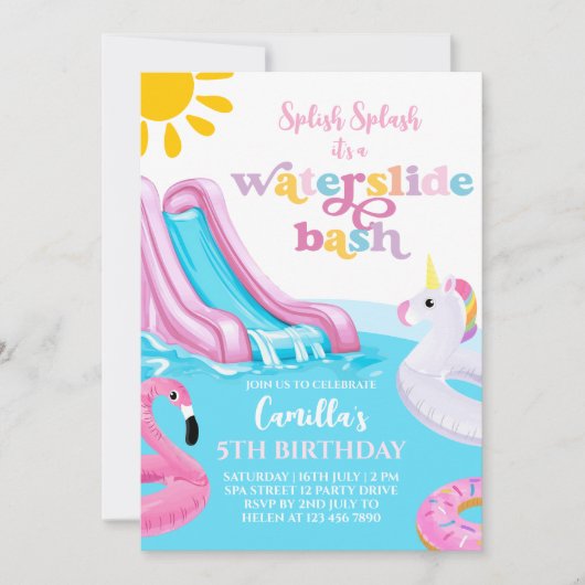 Roze Waterslide Pool Party Verjaardag Uitnodiging (Voorkant)