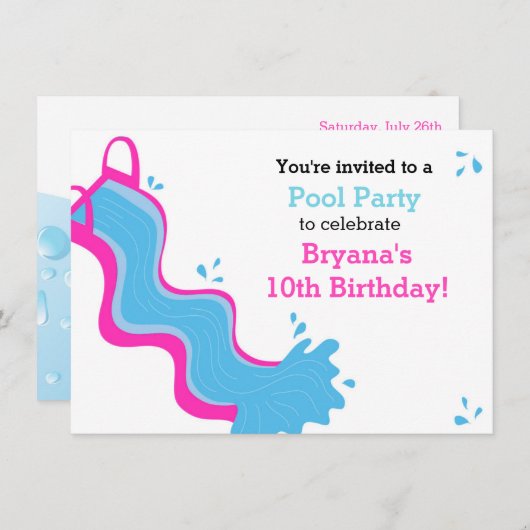 Roze Waterslide Zwembad Zwemfeest Meisjes Uitnodig Kaart (Voorkant / Achterkant)