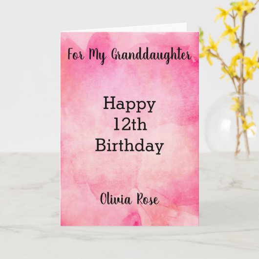 Roze Waterverf 12e verjaardag kleindochter Kaart (Gele Bloem)