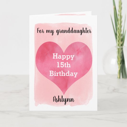 Roze Waterverf 15e verjaardag kleindochter Kaart (Voorkant)