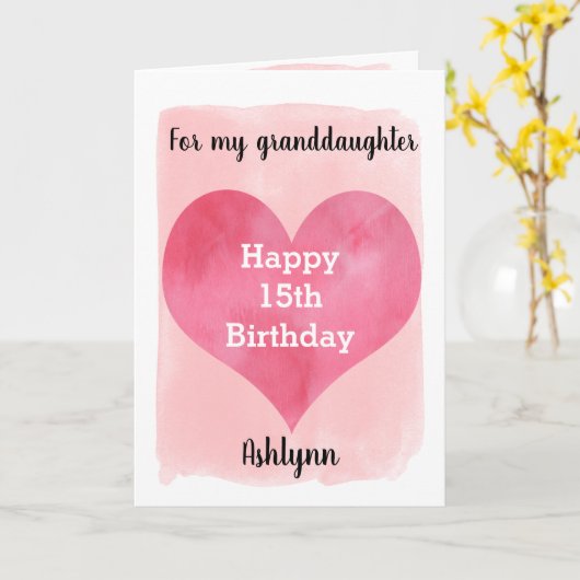 Roze Waterverf 15e verjaardag kleindochter Kaart (Gele Bloem)