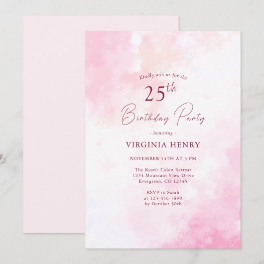 Roze Waterverf 25e Verjaardagsuitnodiging Kaart (Voorkant / Achterkant)