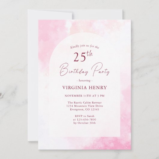 Roze Waterverf 25e Verjaardagsuitnodiging Kaart (Voorkant)