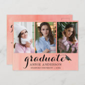 Roze Waterverf 3 Foto Afstuderen Uitnodiging (Voorkant / Achterkant)