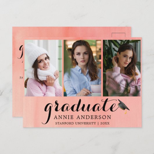 Roze Waterverf 3 Foto Afstuderen Uitnodiging (Voorkant / Achterkant)