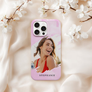 Roze Waterverf Aangepaste Foto met Naam iPhone 15 Pro Case