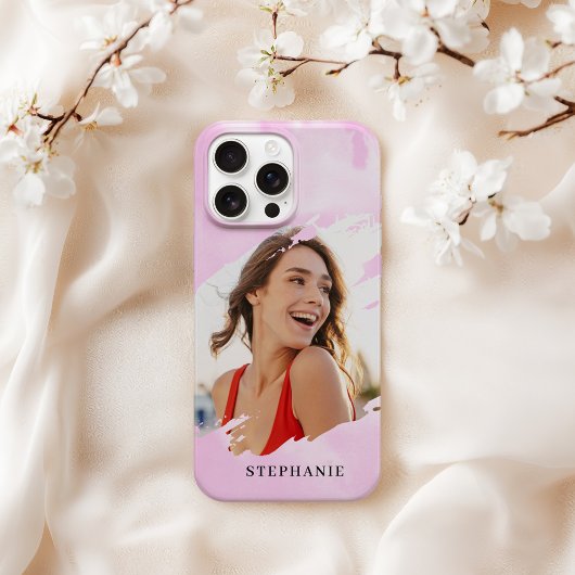 Roze Waterverf Aangepaste Foto met Naam iPhone Hoesje