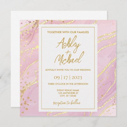 Roze Waterverf Abstracte uitnodiging voor marmer W (Voorkant / Achterkant)