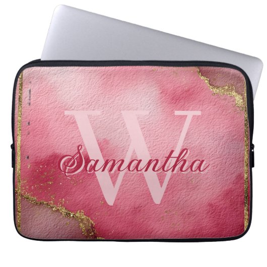 Roze Waterverf Achtergrond met Gouden Glitter Laptop Sleeve (Voorkant)