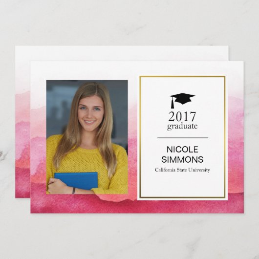 Roze Waterverf Afstuderen fotokaart Kaart (Voorkant / Achterkant)