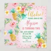 Roze Waterverf Aloha Luau Verjaardagsuitnodiging Kaart (Voorkant / Achterkant)