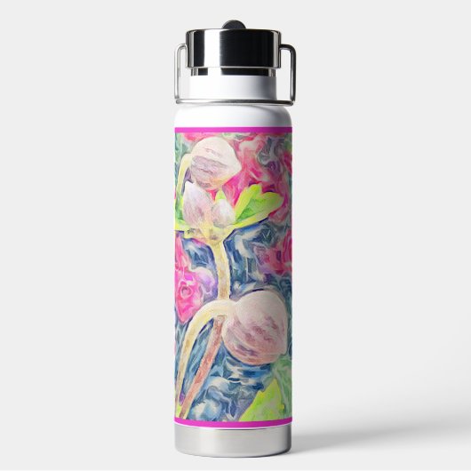 Roze Waterverf Anemone Blue Accents Hot-Cold use Waterfles (Achterkant)