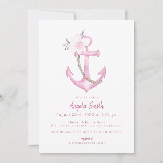 Roze Waterverf Anker Baby shower Uitnodigen Kaart (Voorkant)