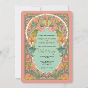 Roze Waterverf Art Nouveau Huwelijksuitnodiging Kaart