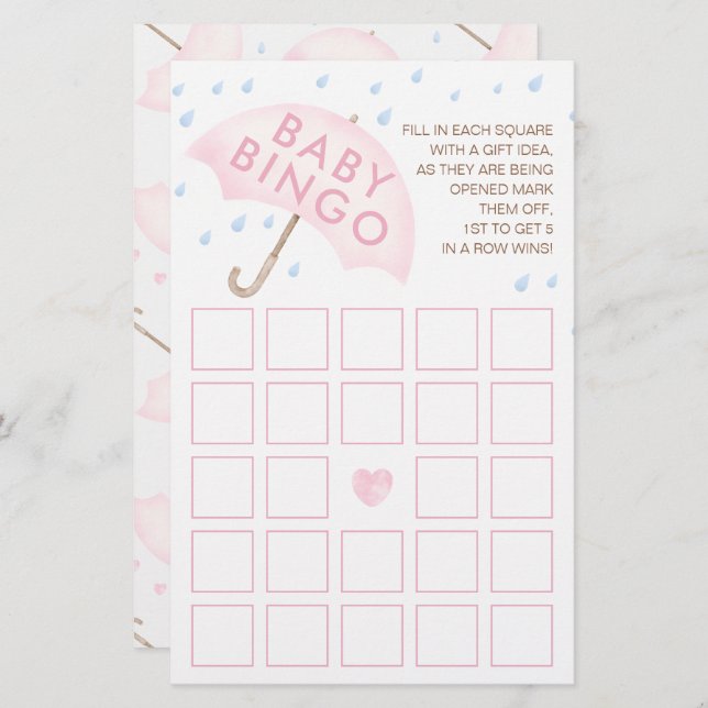 Roze Waterverf Baby Bingo Game Kaart (Voorkant / Achterkant)