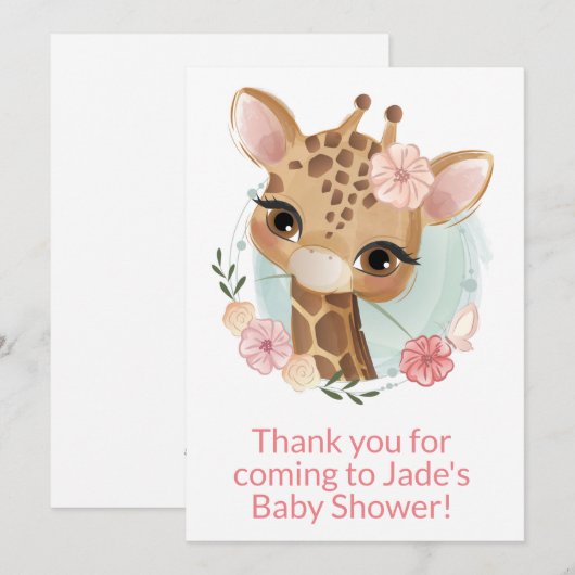 Roze Waterverf Baby Giraffe Dank u kaart (Voorkant / Achterkant)