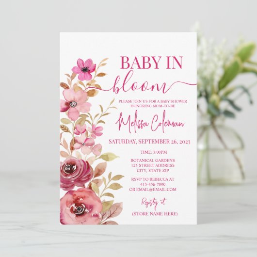 Roze Waterverf Baby in bloei Baby shower Kaart (Staand voorkant)