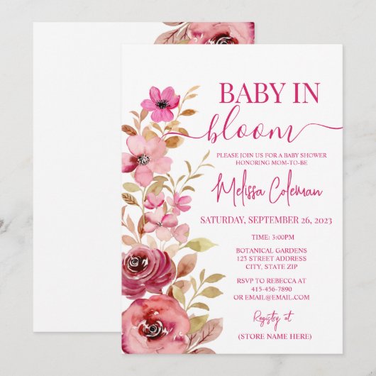Roze Waterverf Baby in bloei Baby shower Kaart (Voorkant / Achterkant)
