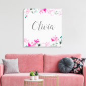 Roze Waterverf Baby Meisje naam bloemenmuur kunst Canvas Afdruk (Insitu (Woonkamer))