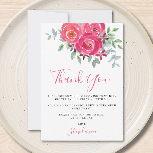 Roze Waterverf Baby shower Bedankkaart