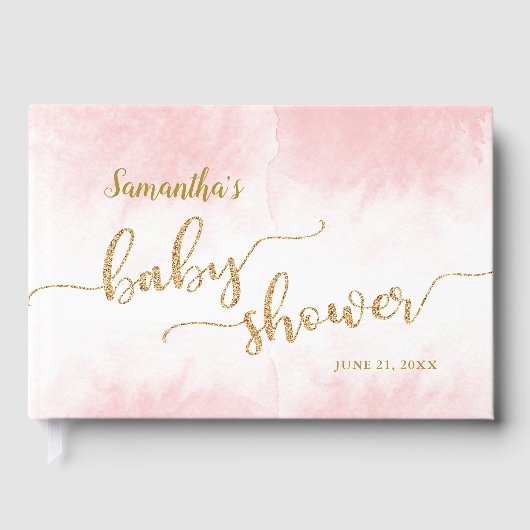 Roze Waterverf Baby shower Goud Glitter Script Gastenboek (Voorkant)