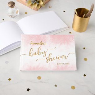Roze Waterverf Baby shower Goud Glitter Script Gastenboek