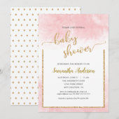 Roze Waterverf Baby shower Goud Glitter Script Kaart (Voorkant / Achterkant)